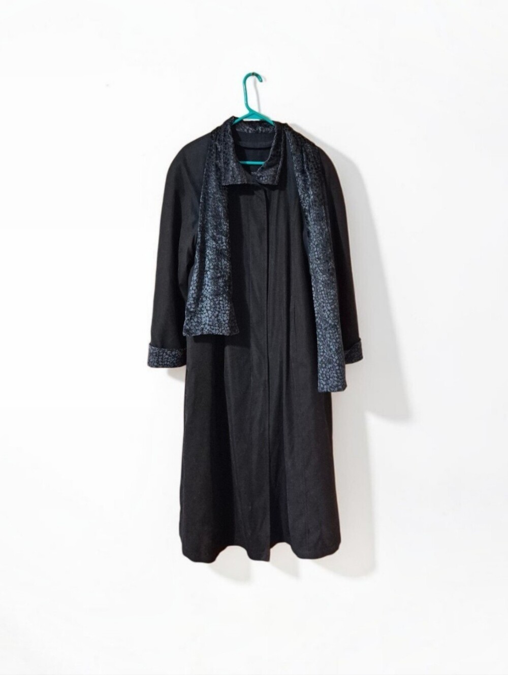 Evan Picone Vintage Black Long Coat with Textured Blue Trim & Matching Scarf EUC